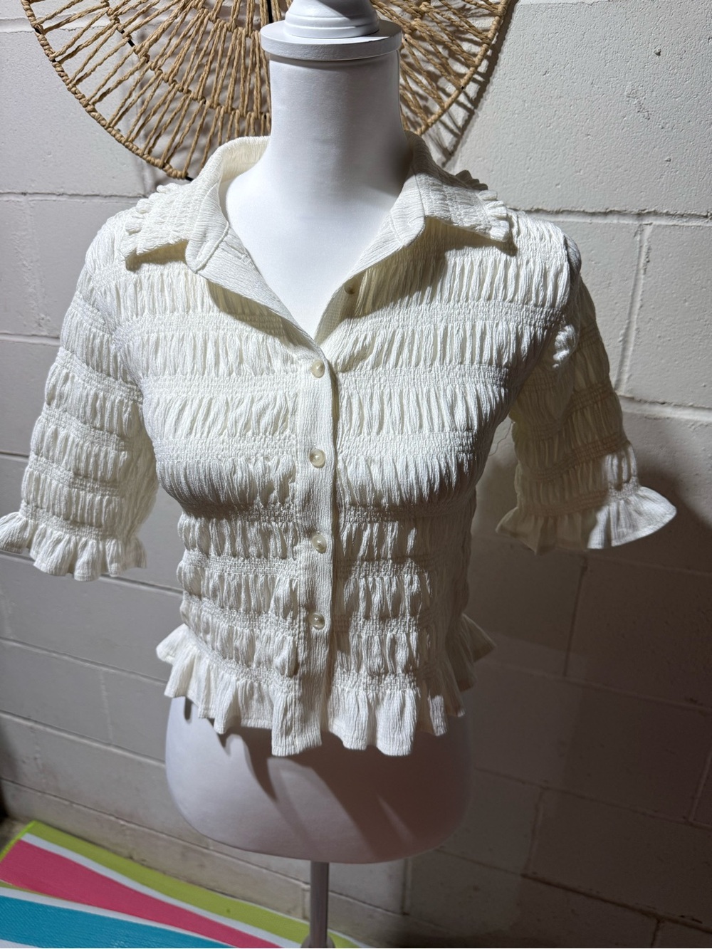 Maeve Ivory Anthropology Smocked Button-Front Blouse